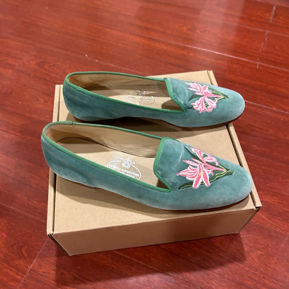 RARE VINTAGE Stubbs & Wootton Green Velvet Flats with Pink Floral Embroidery